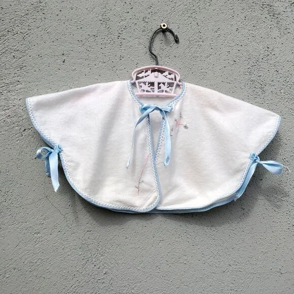 Vintage Baby Cape White Flannel with Blue Ribbon Trim Hand Embroidery - Picture 1 of 9
